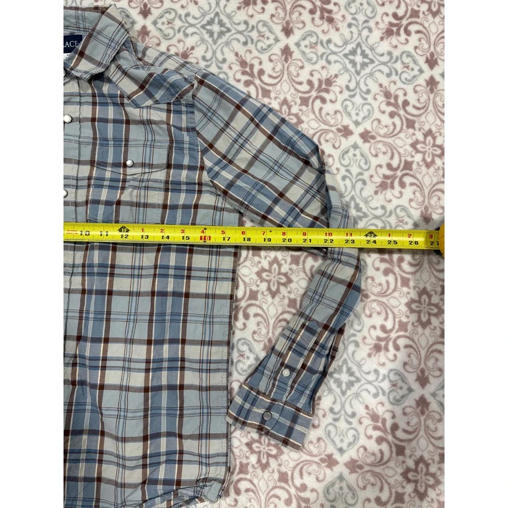 The Childrens Place Boys Blue Brown Plaid Western Snap Button Shirt Size 14 XL